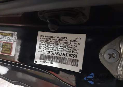 2010 Honda Civic Lx from USA, damaged, VIN 2HGFG1A64AH519260